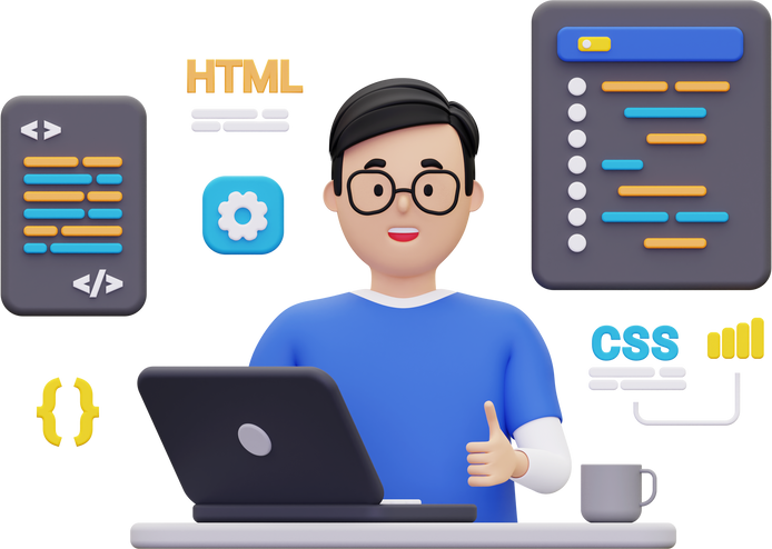 3d Website developer working on laptop illustration